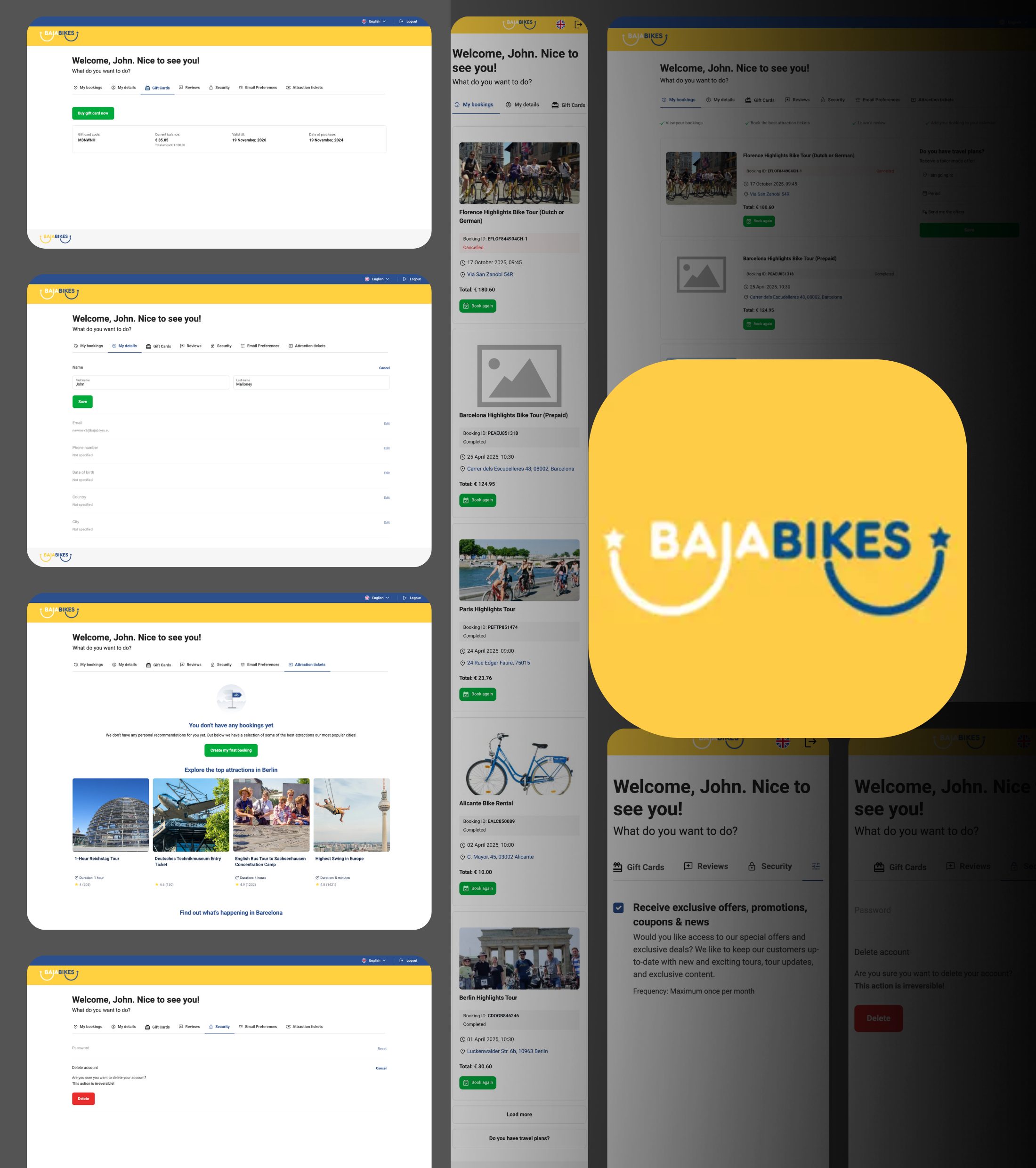A collection of screenshots of the Baja Bikes design with the Baja Bikes app store logo