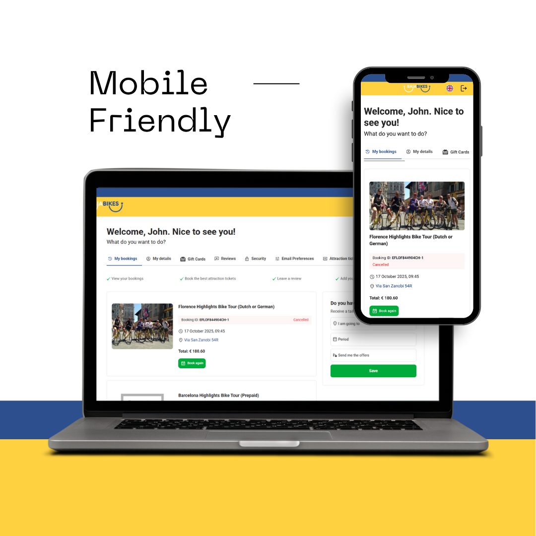 A mockup of the Baja Bikes Customer Portal with a laptop and a mobile phone