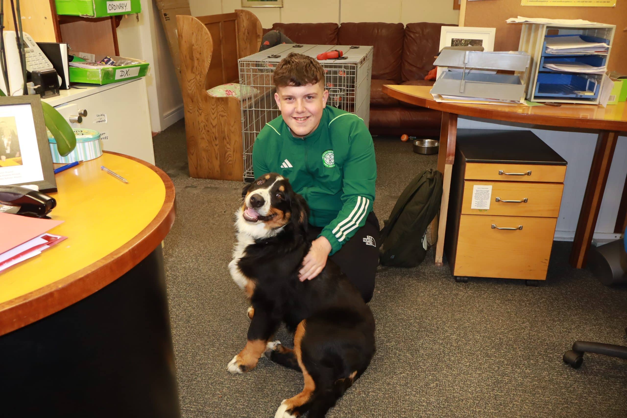 Kid on work experience with the office dog
